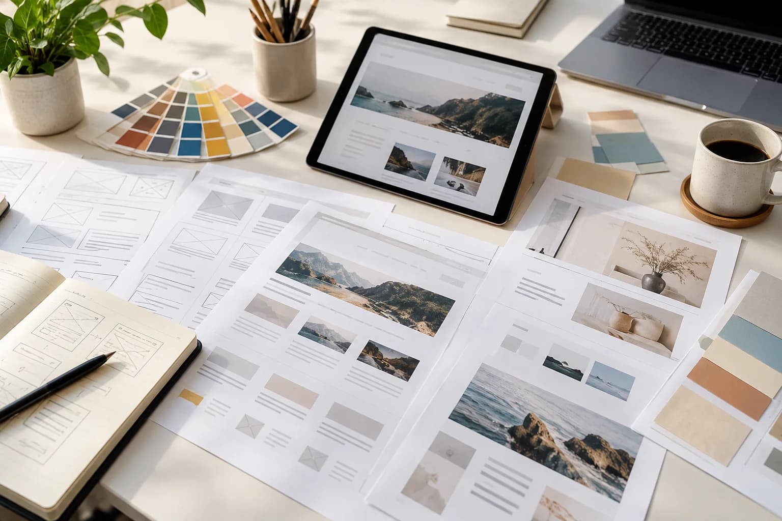 Printed page layouts, colour swatches and a tablet arranged for a website redesign