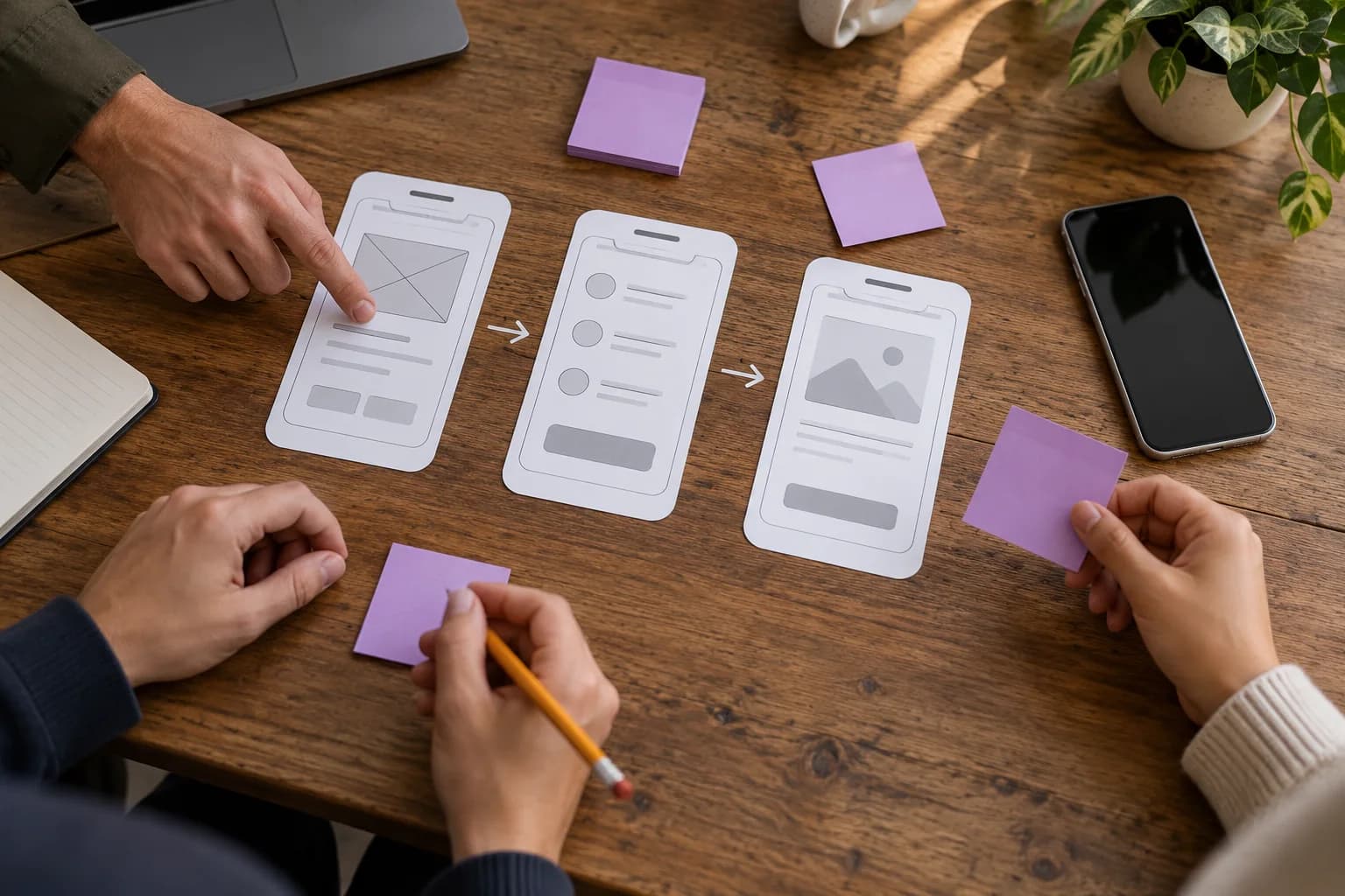 Paper mobile screen prototypes and a smartphone in a product planning workshop