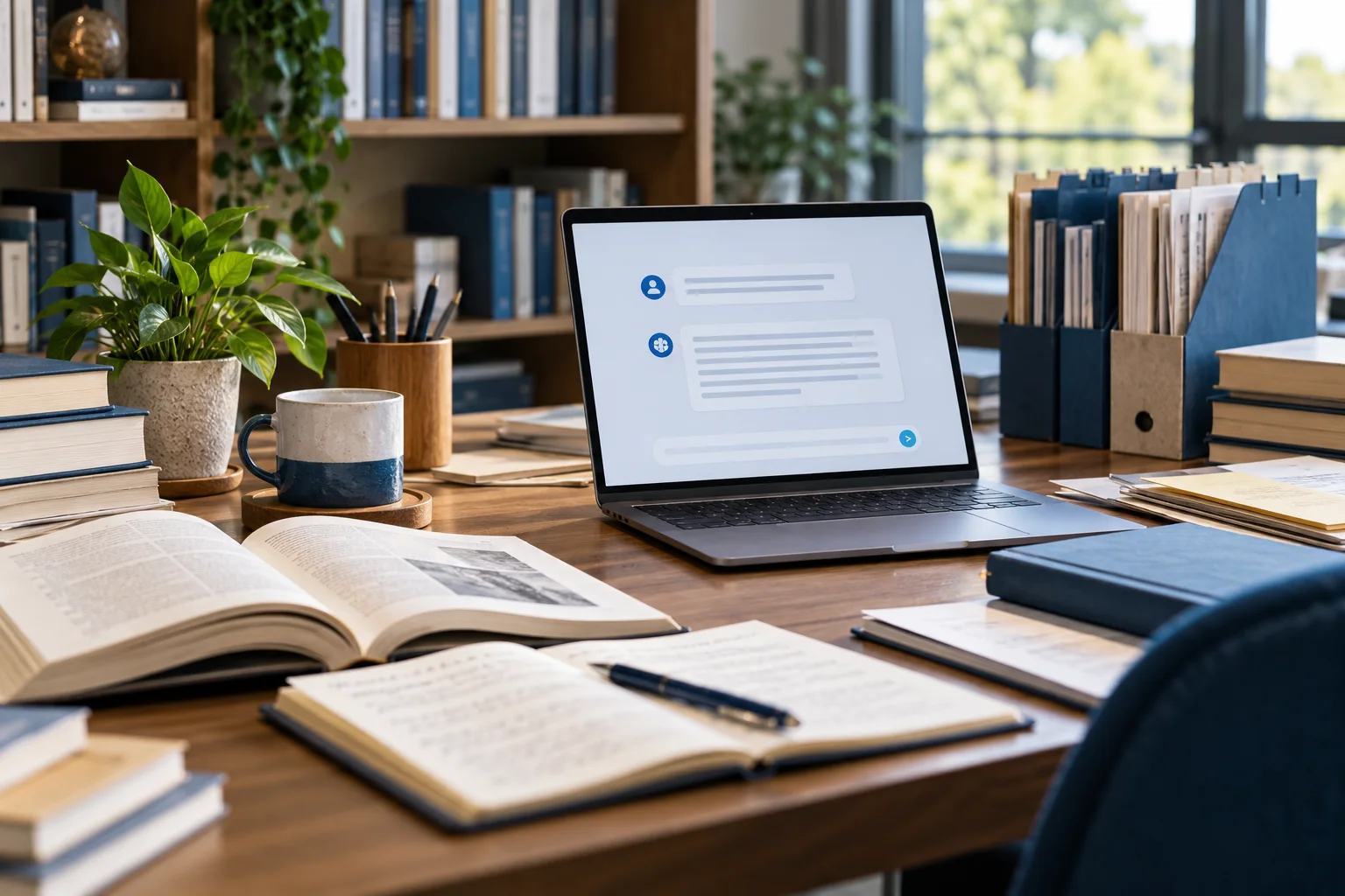 Reference books, document folders and a laptop arranged for knowledge research