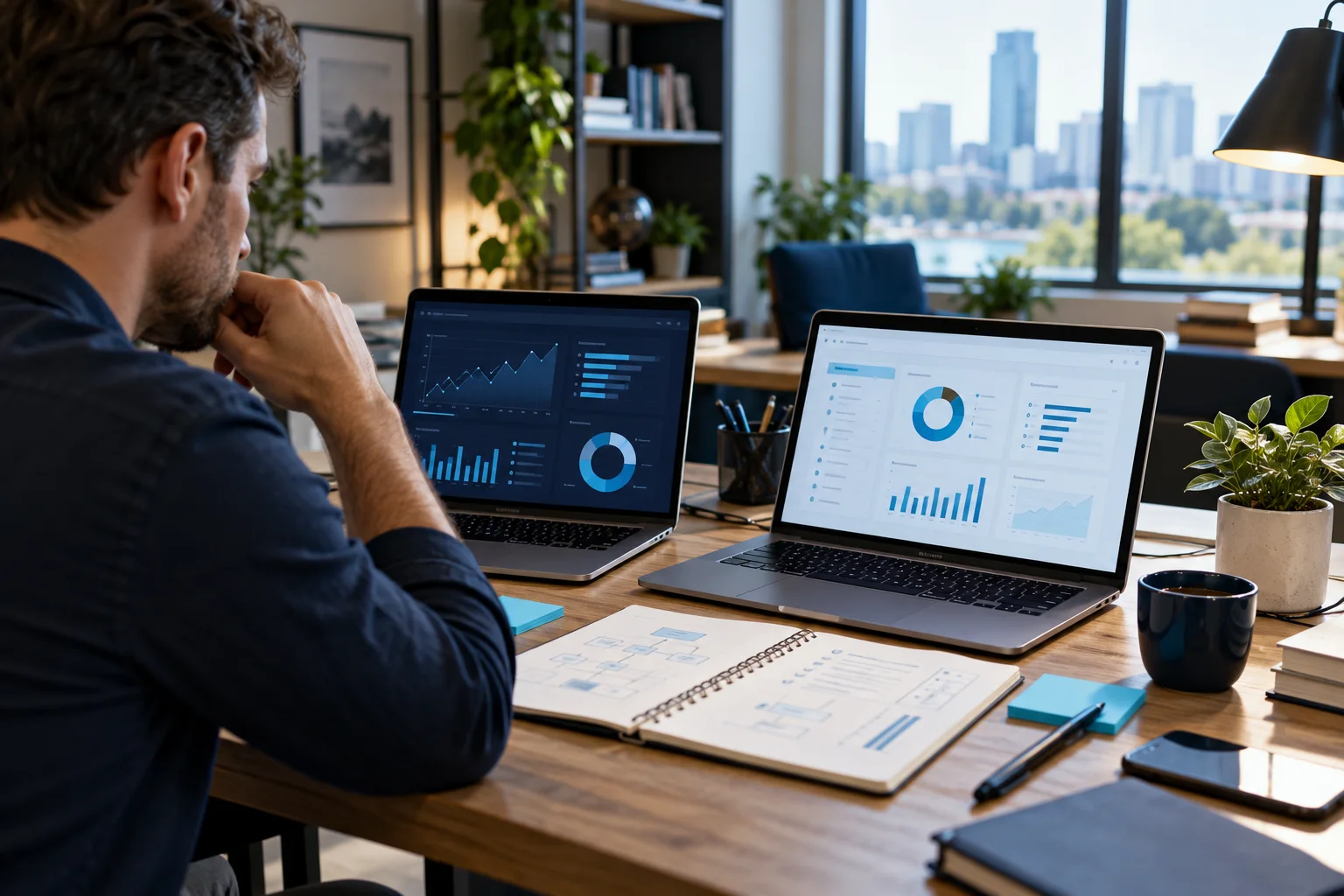 Two laptops with business dashboards beside comparison notes on a desk
