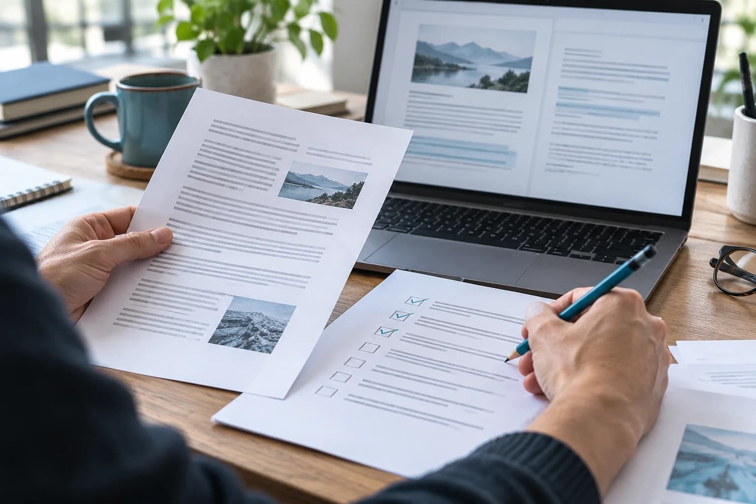 Hands comparing a printed document with a draft on a laptop beside a checklist