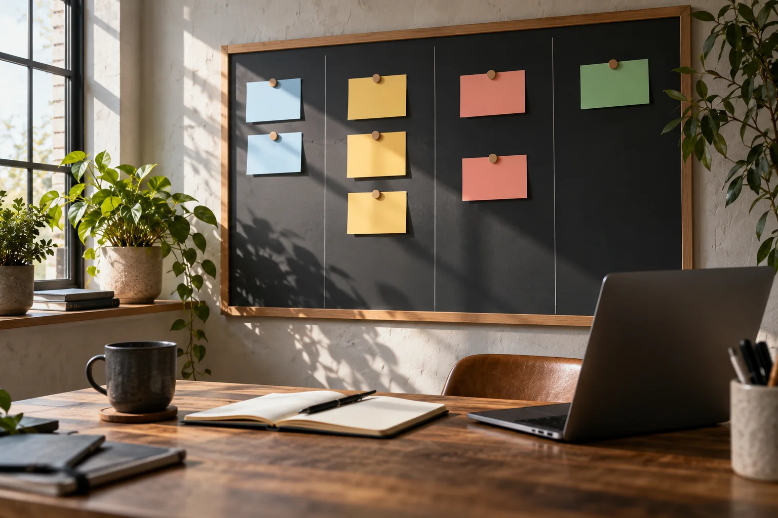 Blank planning cards arranged in stages above an operations desk